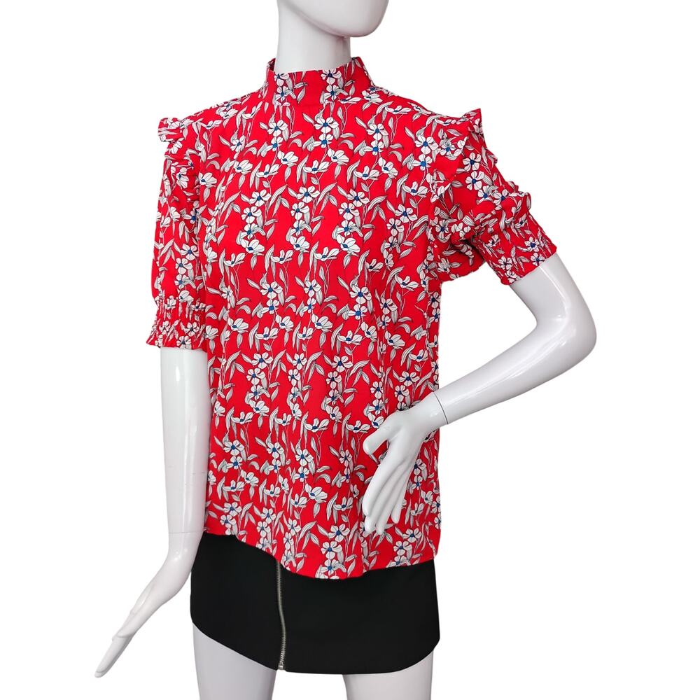 Vila Blouse Red with White Floral Print Size M/L Short Sleeve High Neck Ruffled